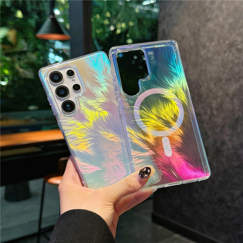 Suitable for Samsung S25ultra Feather Yarn Magnetic Suction Mobile Phone Case Gradient S25edge Color Plated S24 Laser Colorful Anti-fall