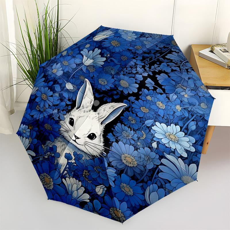 1pc Rabbit Blue flowersOpen/Close Umbrella-Windproof, Compact Travel Umbrella, Sturdy 8-Rib Shaft, Outdoor Accessory, 1053