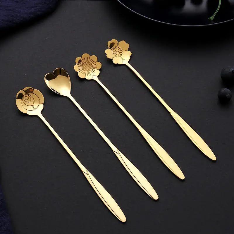 2Pcs Flower Dessert Spoons, Coffee  Stainless Steel Sugar Spoon Small Tea Spoons Cafe Bar Spoon Cute Coffee Teaspoon Mini Tableware, 4 Styles (Gold)