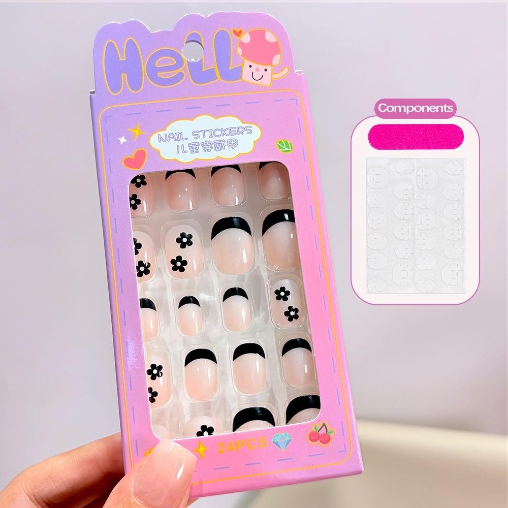24Pcs/Box Cartoon Kids Press on Nails French Candy Colors Tips False Nails Black Flower Almond-shaped Full Cover Fake Nails