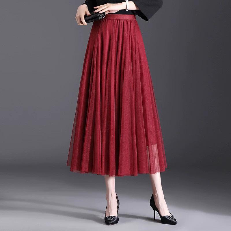 2025 High-Waist A-Line Mesh Skirt: Three-Layer Pleated Fairy Skirt for Spring & Autumn