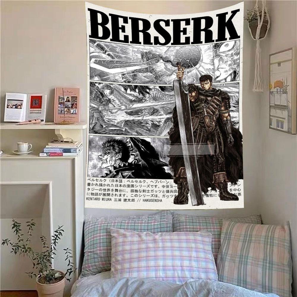 

Vintage Anime Black and White Printed Tapestry Berserk Wall Hanging Home Decor Bedroom Aesthetic Background Cloth 74x94cm(29x37in)