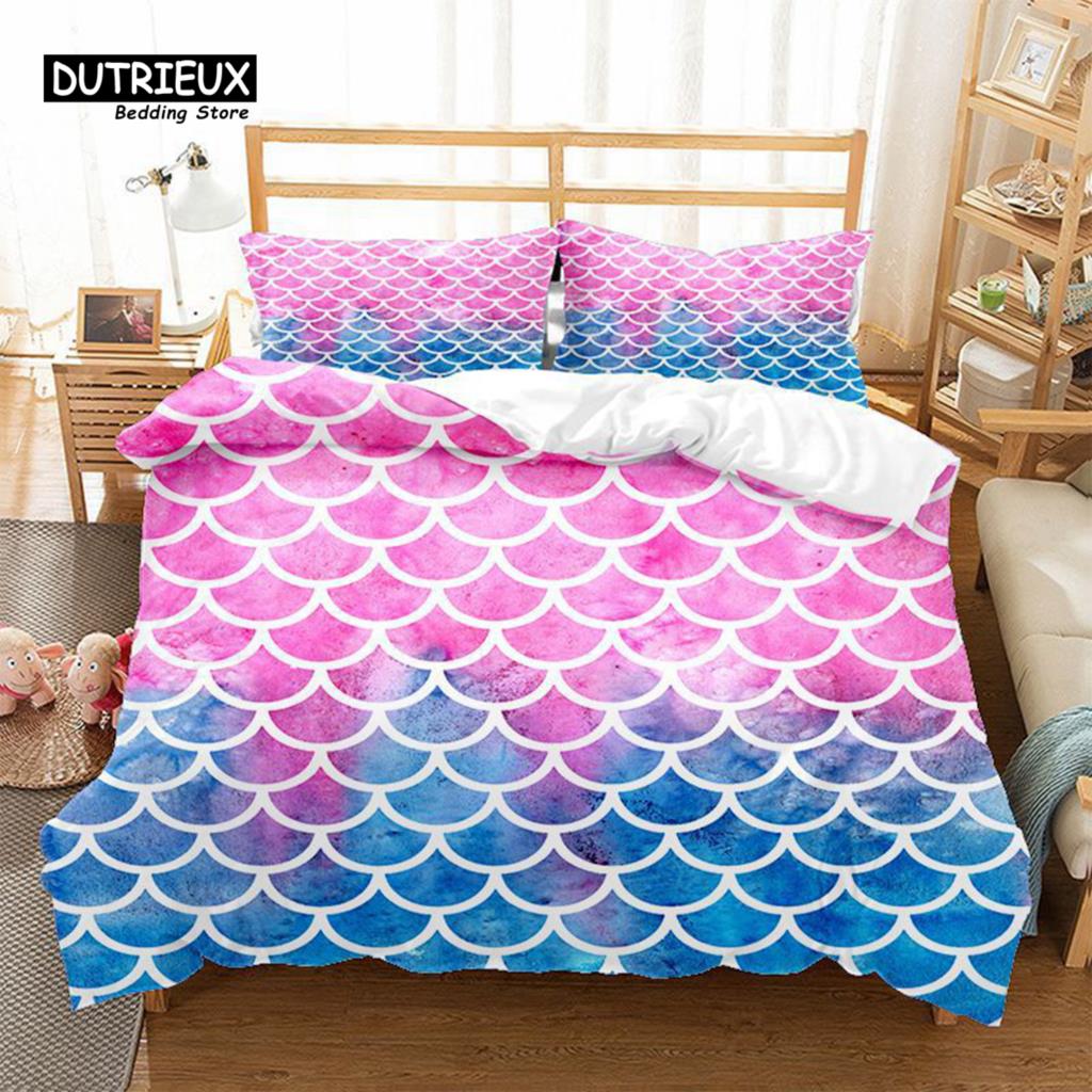 Mermaid Fish Scales Duvet Cover Magical Colorful Seamless Pattern With Fish Scale Net Print Bedding Set Microfiber Quilt Cover