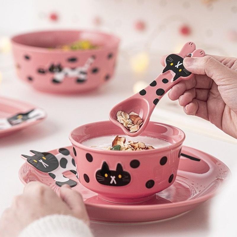 Niedliche Katze Keramik Reisschüssel Suppenschüssel Tasse Wasserbecher Teller Pasta Geschirr Abendessen Teller Set