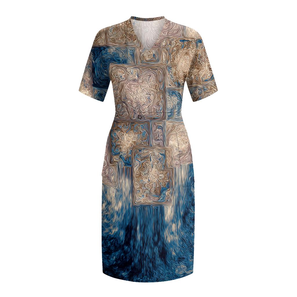 Letní nadměrné velikosti V výstřih krátký rukáv ke kolenům kapsa potisk ležérní šaty pro ženy