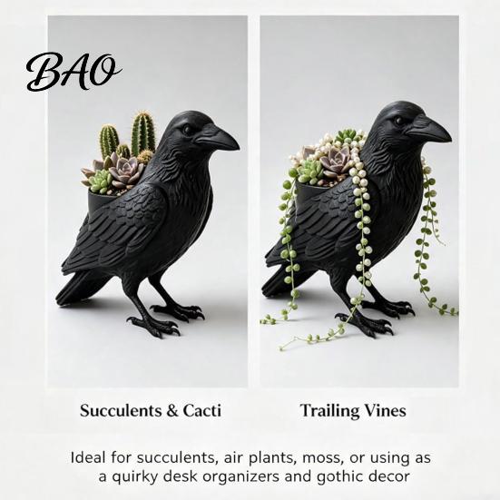 Weather Resistant Planter Crow Succulent Pot, Gothic Raven Plants Holder, Black Bird Pot for Home Decor, Desktop Landscaping Accessory Decorative