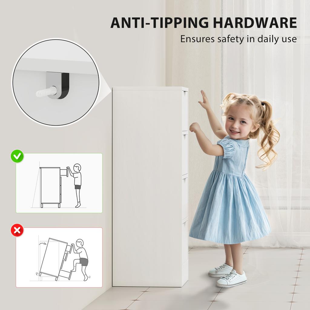 4-Drawer Bathroom Cabinet, Freestanding Narrow Storage Cabinet with Groove Handles for Small Spaces, White