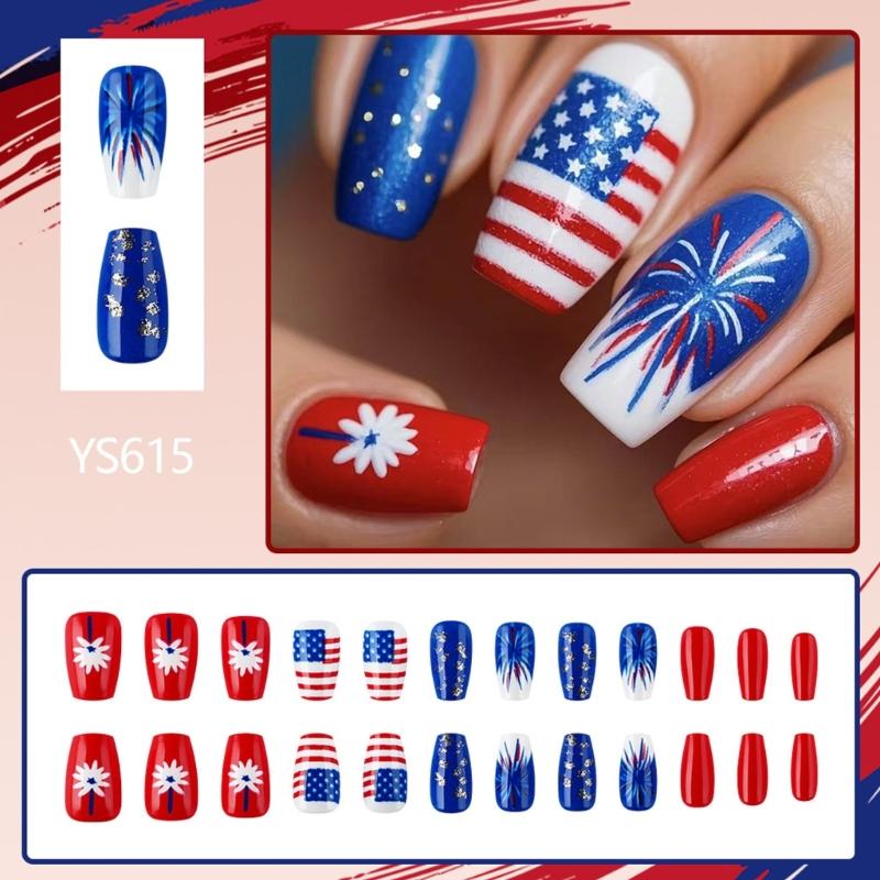 4th of July Press On Nail Square French Tip Fake Nail Independence False Nail with American Flag Star Stick On Nail