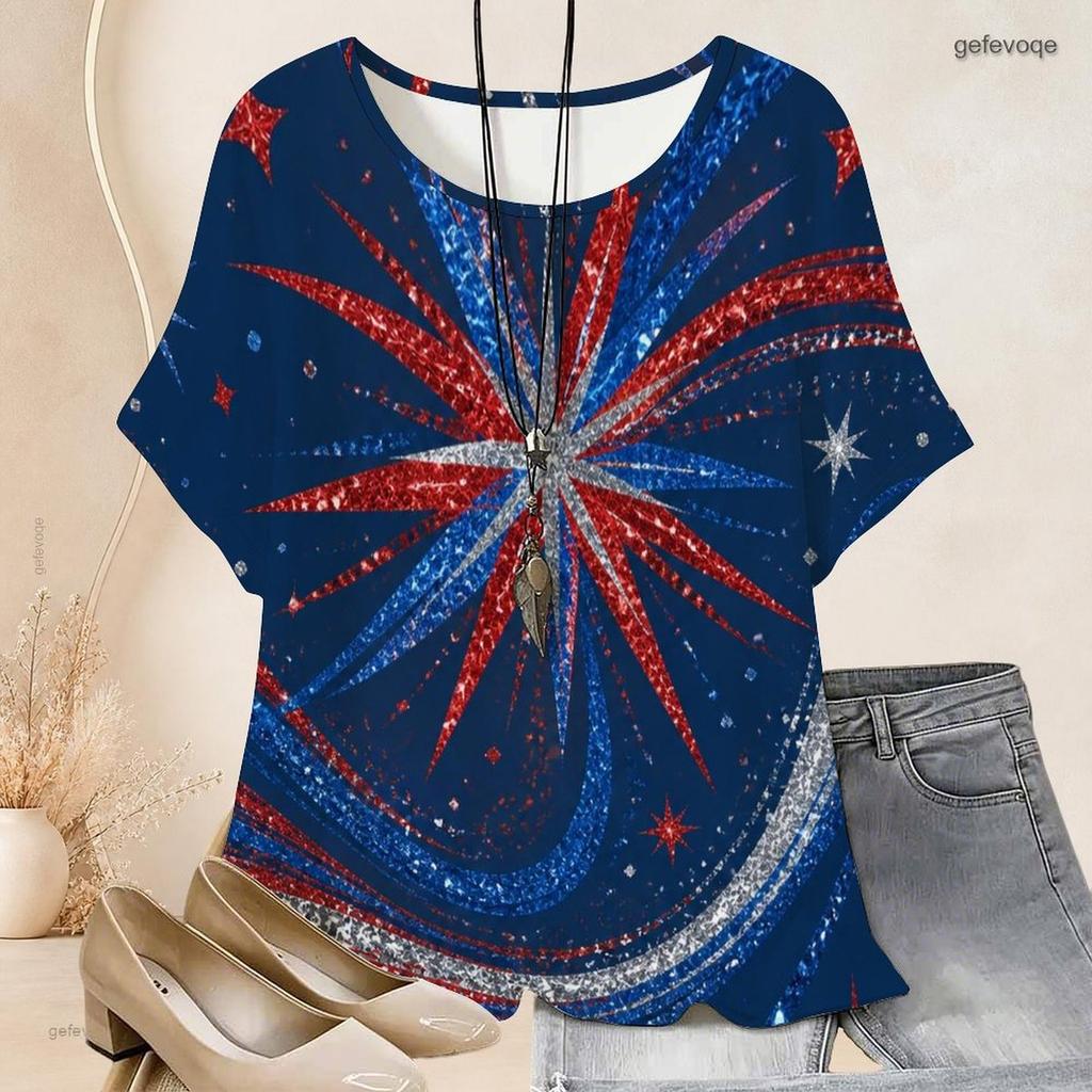 Damen Übergröße Fledermausärmel Kurzarm Oberteil Rundhals Stern Farbspritzer Print Locker Lässige Tunika Bluse