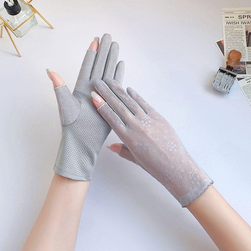 

Летние перчатки для защиты от солнца женские тонкие для вождения, езды, защиты от УФ-лучей, с росой, с двумя пальцами, полупалые, для сбора чая, нескользящие, из ледяного шелка и кружева Dew two-finger Ice Silk plate-Gray All yards