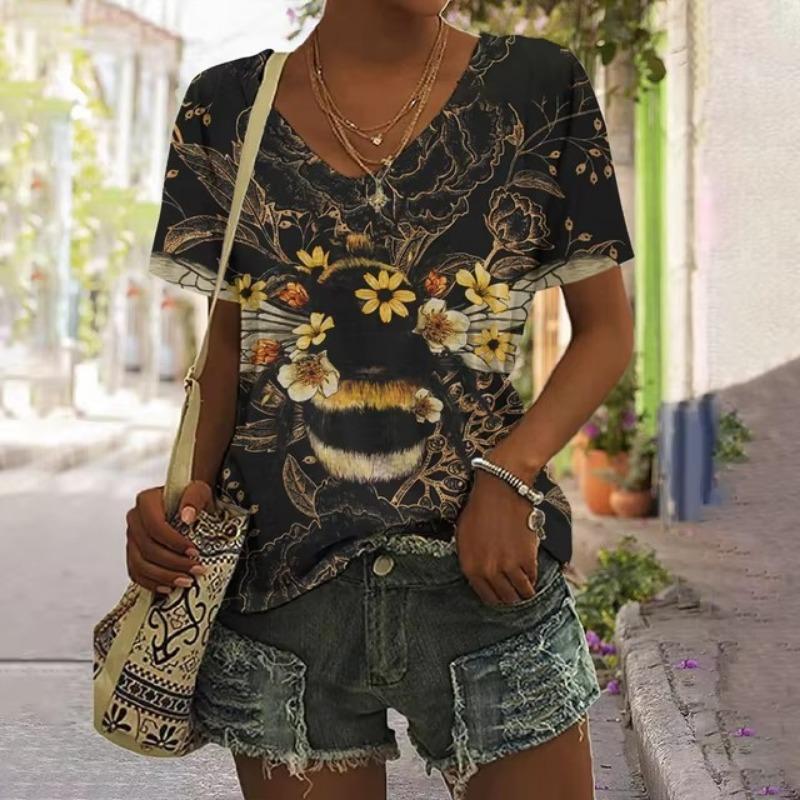 3D Print Women's T-shirt Bee Graphic Harajuku Clothing Female Casual Streetwear Summer V-Neck Oversized Short Sleeve Shirt