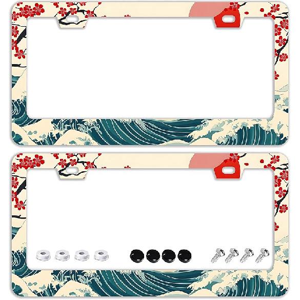 Mounta Cherry Blossom License Plate Frames - 2 Pcs Set 2 Holes Stainless Steel Metal Auto Car Accessories Decoration License Plate Frame Cover Size