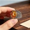 Women's Elegant Hollow Amber Ring, Ancient Style, Retro 925 Silver with Floral Pattern and Inlaid Stone, for Index Finger.