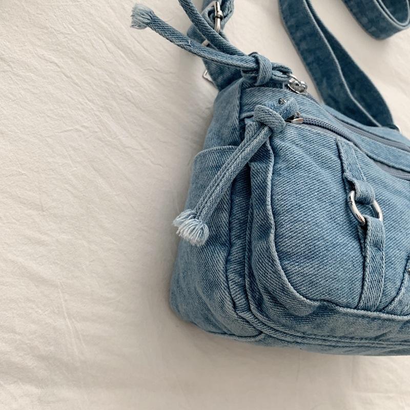 Washed Denim Crossbody Bag for Women Multi-Zipper Star Stud Casual Small Shoulder Purse