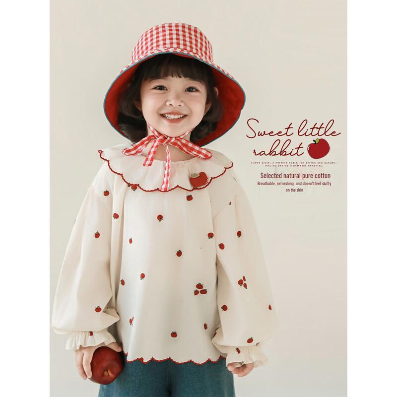 Girls  Red Apple Peter Pan Collar Cotton Lantern Sleeve Shirt #120