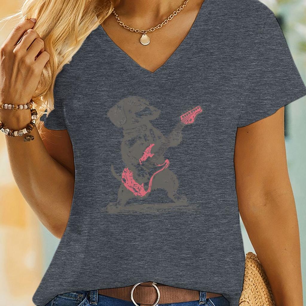 Vintage Dachshund Playing Guitar TShirt Women Funny Wiener Dog Rocker Tee Top Dog Lover Gift Fashion Short Sleeve Vneck Tee