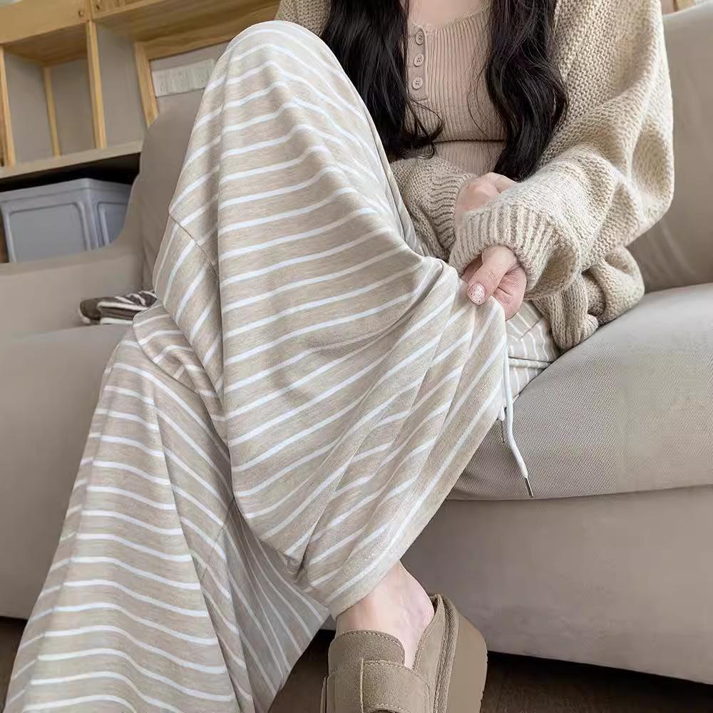 Striped Glutinous Rice Pants for Women In Autumn and Winter Style, High Waist, Slimming, Draped Wide-leg Straight Floor-moving Casual Trousers