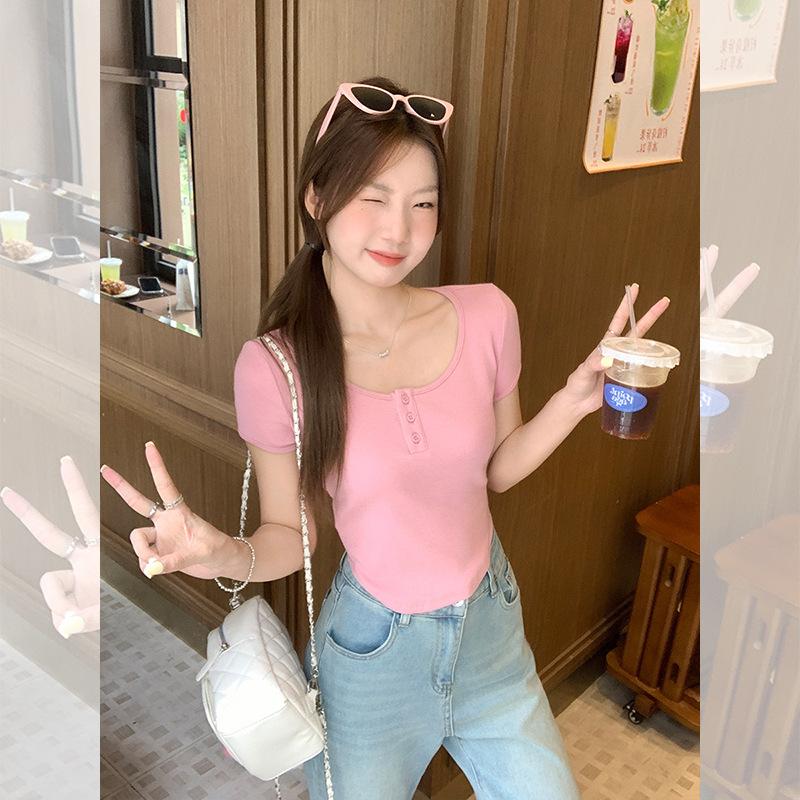 Pure Desire Sweet Girl Bm Wind Button Design Front Shoulder Short-sleeved T-shirt Women's Summer Small Slim-fitting Waist Short Top