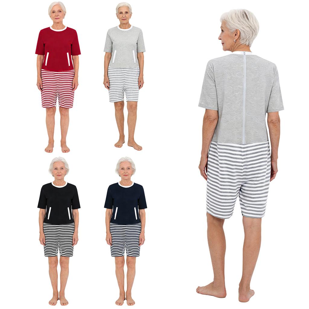 Tuta adattiva da donna per anziani con cerniera posteriore cerniera all'inguine Color Blocking Anti-strappo Tuta intera Bodysuit Alzheimer