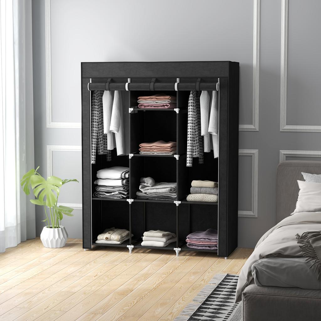Fabric Wardrobe, with Rails and Shelves - Black
