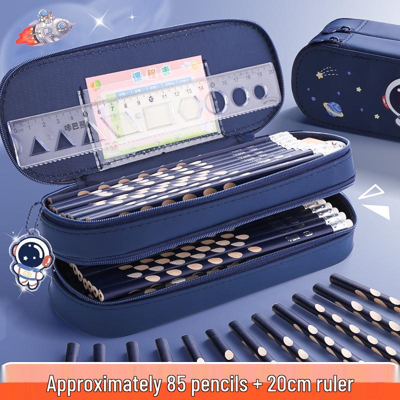 Kaba Bear Double-Layer Astronaut Pencil Case: Waterproof, Dirt-Resistant, Large Capacity, Cute Cartoon Style for Boys.