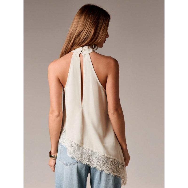 Summer New Women's Fashionable Sleeveless Satin Halter Neck Top with Lace Trim