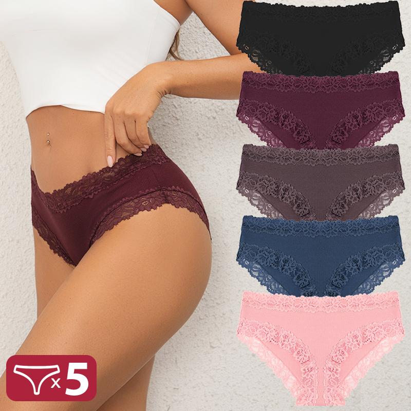 5PCS Cotton Panties Women Floral Lace Briefs Seamless Sexy Lingerie Low Rise Elastic Underpants Female Breathable Soft