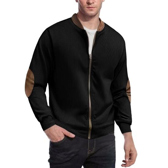 Men Casual Coat Stand Collar Long Sleeve Zipper Closure Plaid Elbow Patch Baseball Jacket Outdoor Street Wear