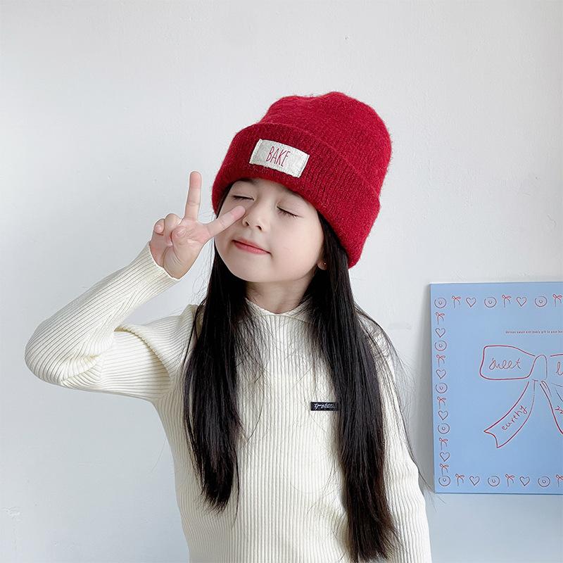 

Японская повседневная детская шапка с буквенной тканевой этикеткой, шерстяная двухслойная куполообразная шапка, утолщенная теплая вязаная шерстяная шапка для девочки one size