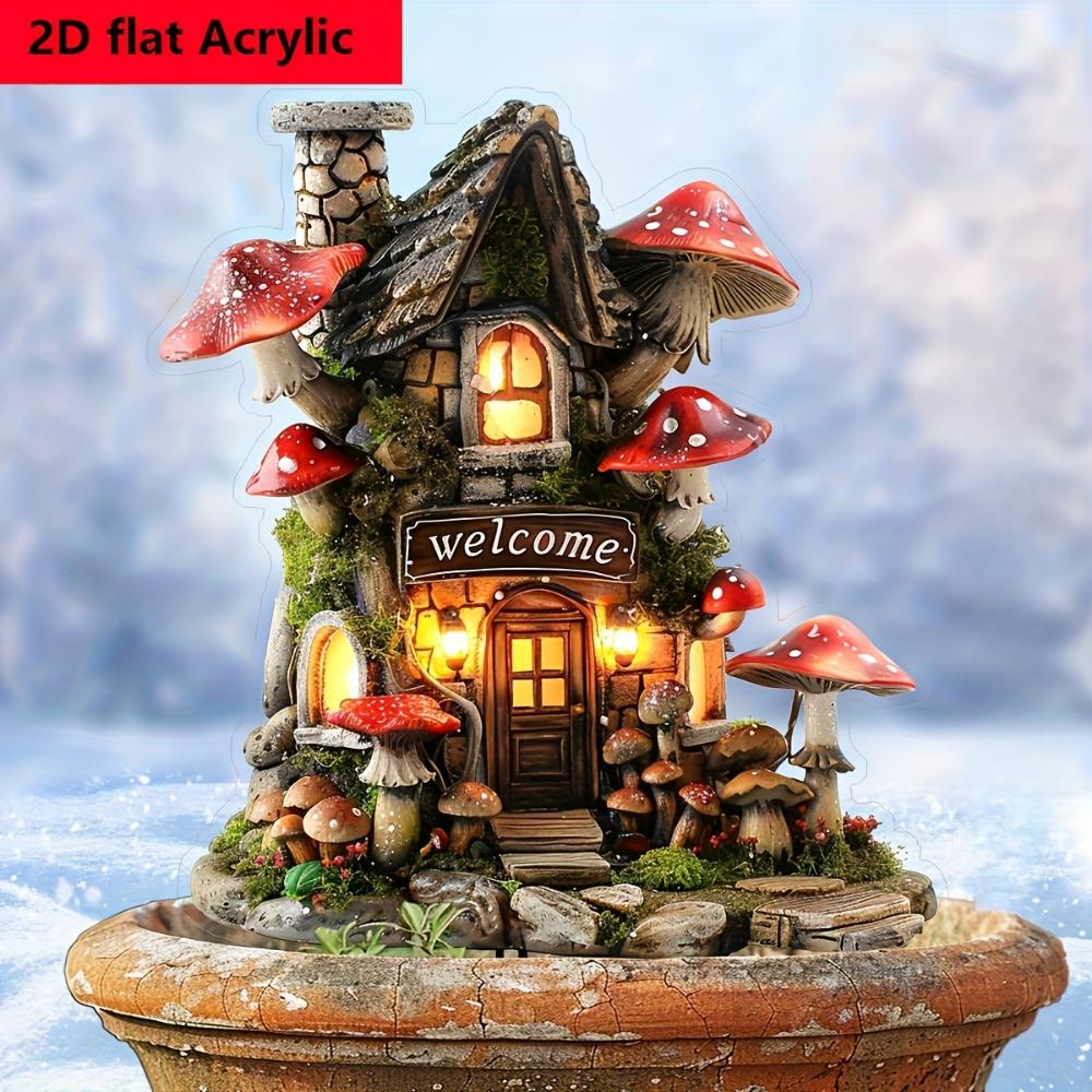 Bright Mushroom House, 2D Flat Acrylic, Decoration, Suitable for Garden, Lawn, Outdoor, Party, Christmas, Halloween,