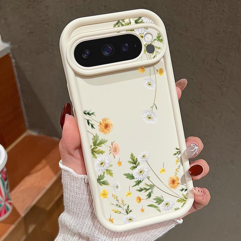 Simple Floral Print TPU Soft Solid Color Phone Case For Google Pixel 9 Pro XL 8 Pro 8A Lens Protection Shockproof Matte Bumper Cover