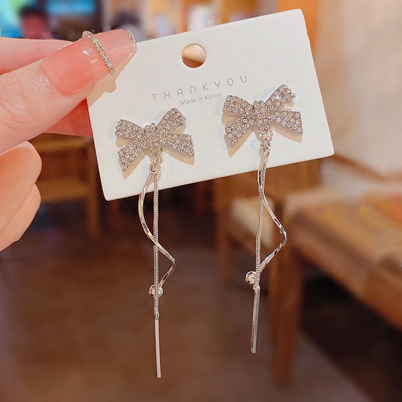 S925 Silver Korean Bow Long Earrings - Elegant & Versatile Lady's Style