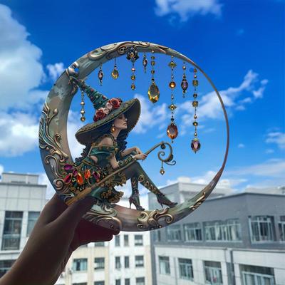 Witch Hanging Decoration Stained Acrylic 2D Sun Catcher Witch On The Moon Ornament for Home Room Windows Walls Gardens Cars