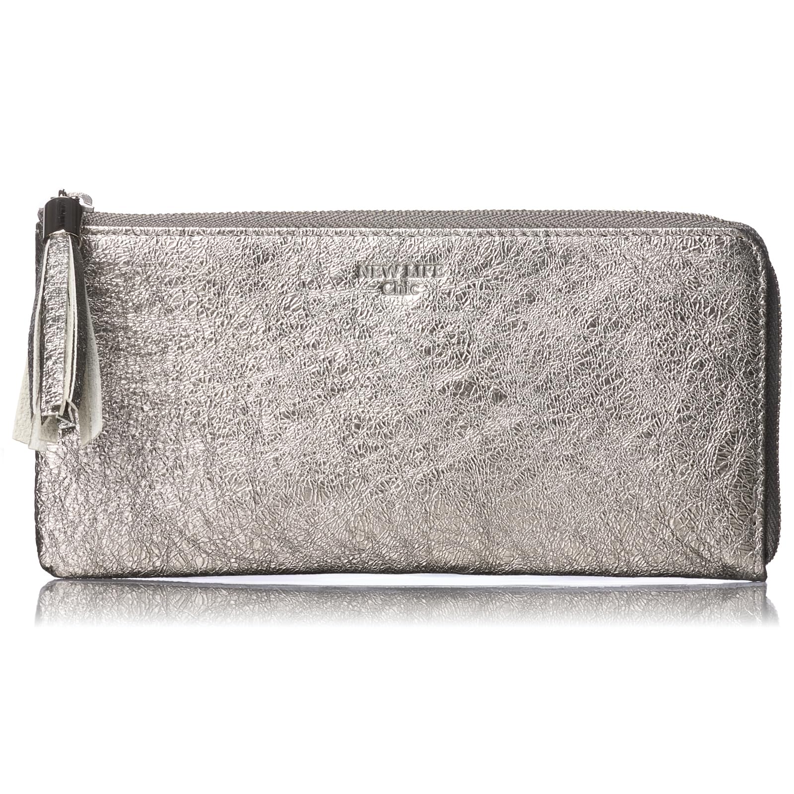 

FRANCK ROSSINI Women s Metal Crush Leather Wallet with L-Shaped Zipper, Lightweight and Easy to Use, Perfect as a Gift. Boxed in Silver.