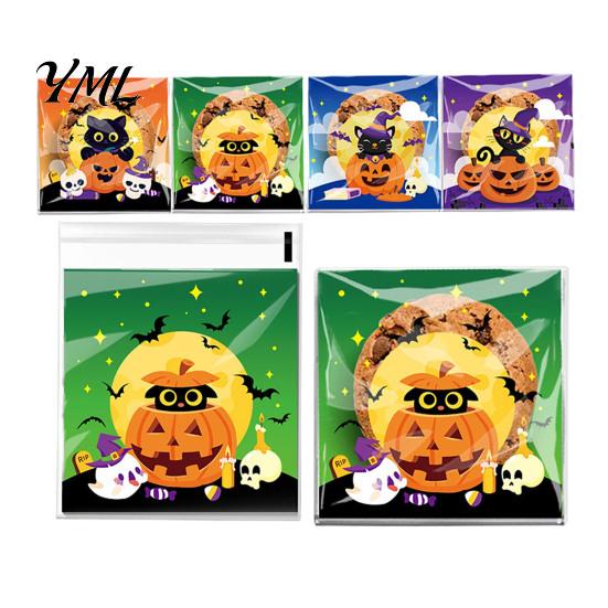 Small Plastic Bags for Treats 100 Pcs Halloween Treat Bags, Self Adhesive Seal Clear Candy Dessert Cute Cartoon Pouches Cookie Trick or Party