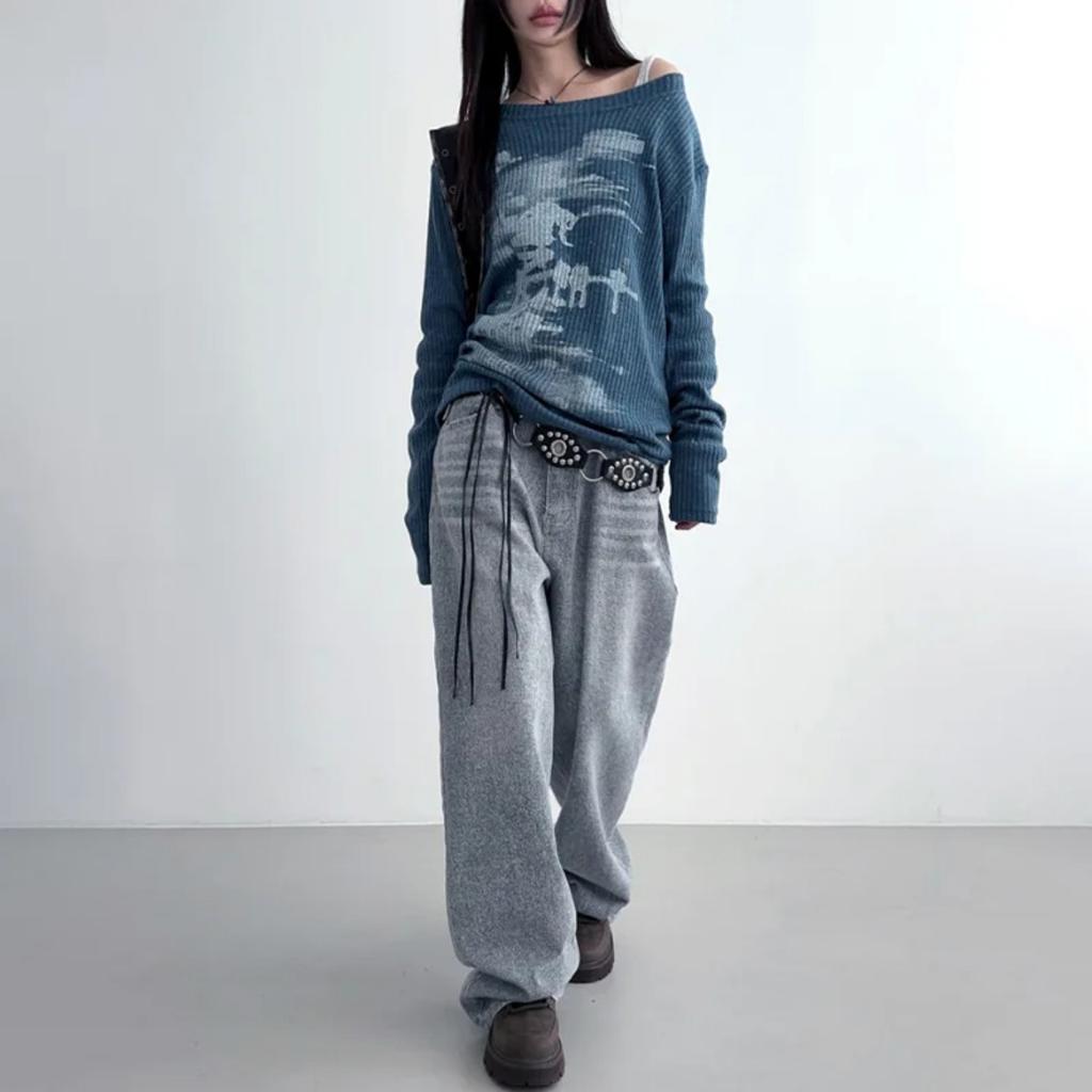 VAYLA Podzimní Harajuku Dámská Trička s Potiskem Vintage Streetwear Grunge Asymetrický Límec Topy Y2k Estetika Volné Ležérní Hiphop Vintage Topy