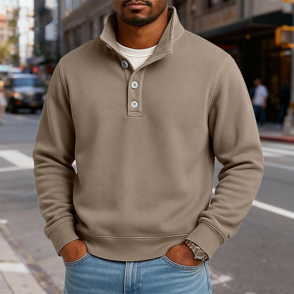Men's Casual Stand-Up Collar Long-Sleeve Top Solid Color Button-Down Sweatshirt