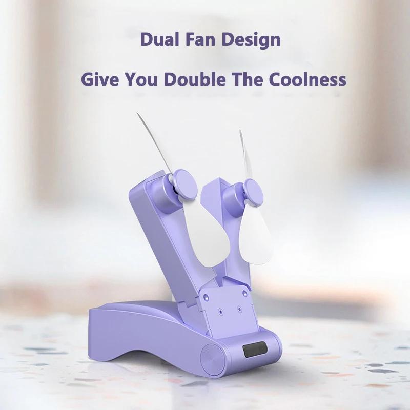 New Double Head Fans Mute Handheld Small Fan Portable Creative Mini Three Speed Adjustable Solid Color USB Charging Folding Fan