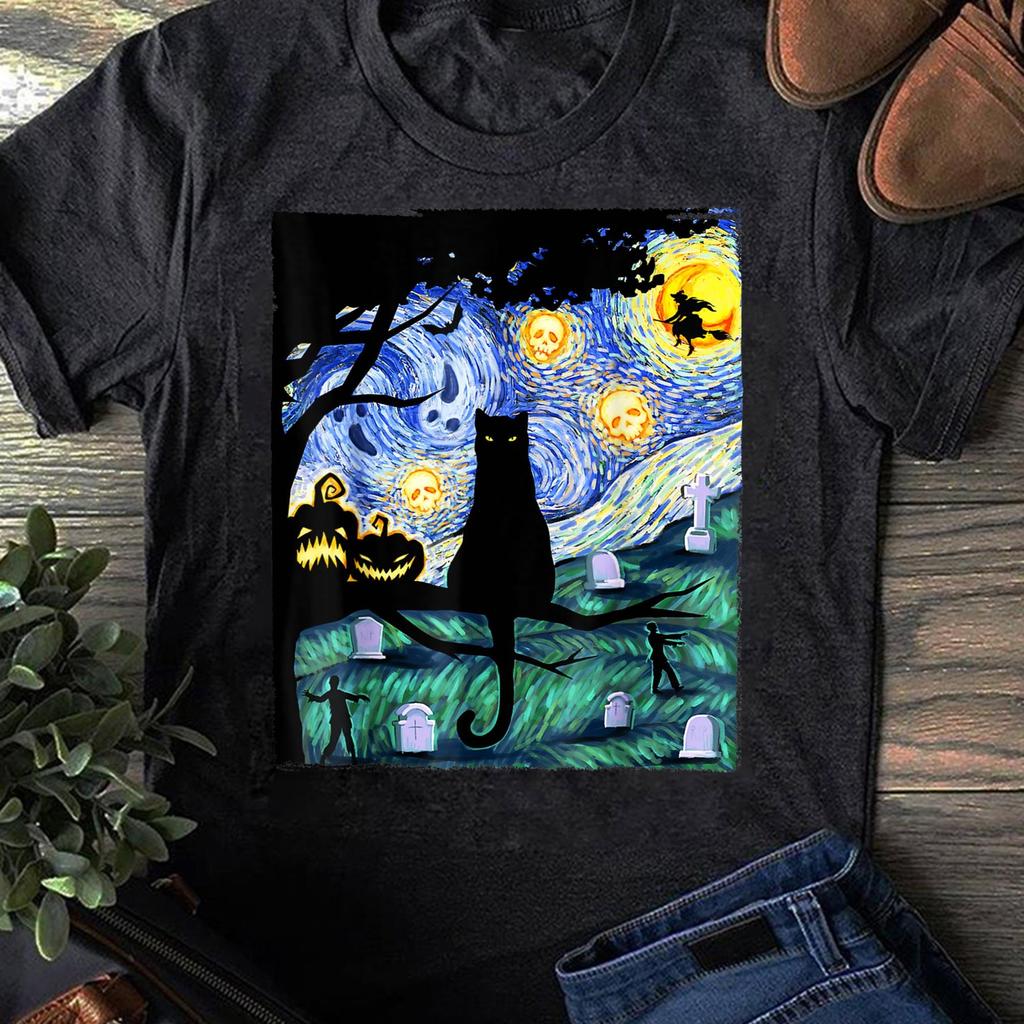 Halloween Black Cat T-Shirt: Spooky Starry Night Design