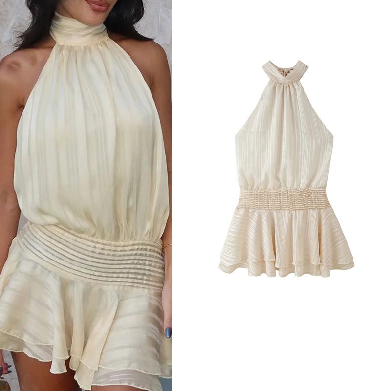 Summer New Product Women's Clothes Minimalist Style Hanging Collar Sleeveless Sexy High Waist Ruffles Short Midi Skirt Dress