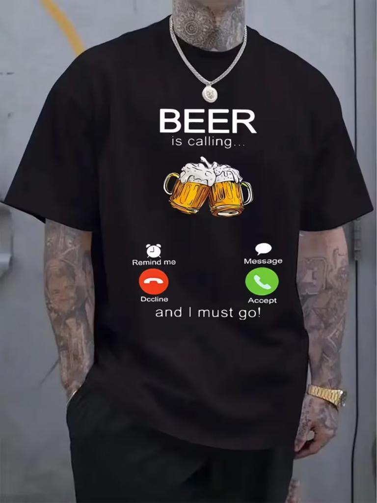 Unisex Cotton Loose Tee Funny Beer Call Graphic Short Sleeve Shirts Beer Lover Casual Summer Street Tops For Adult Males