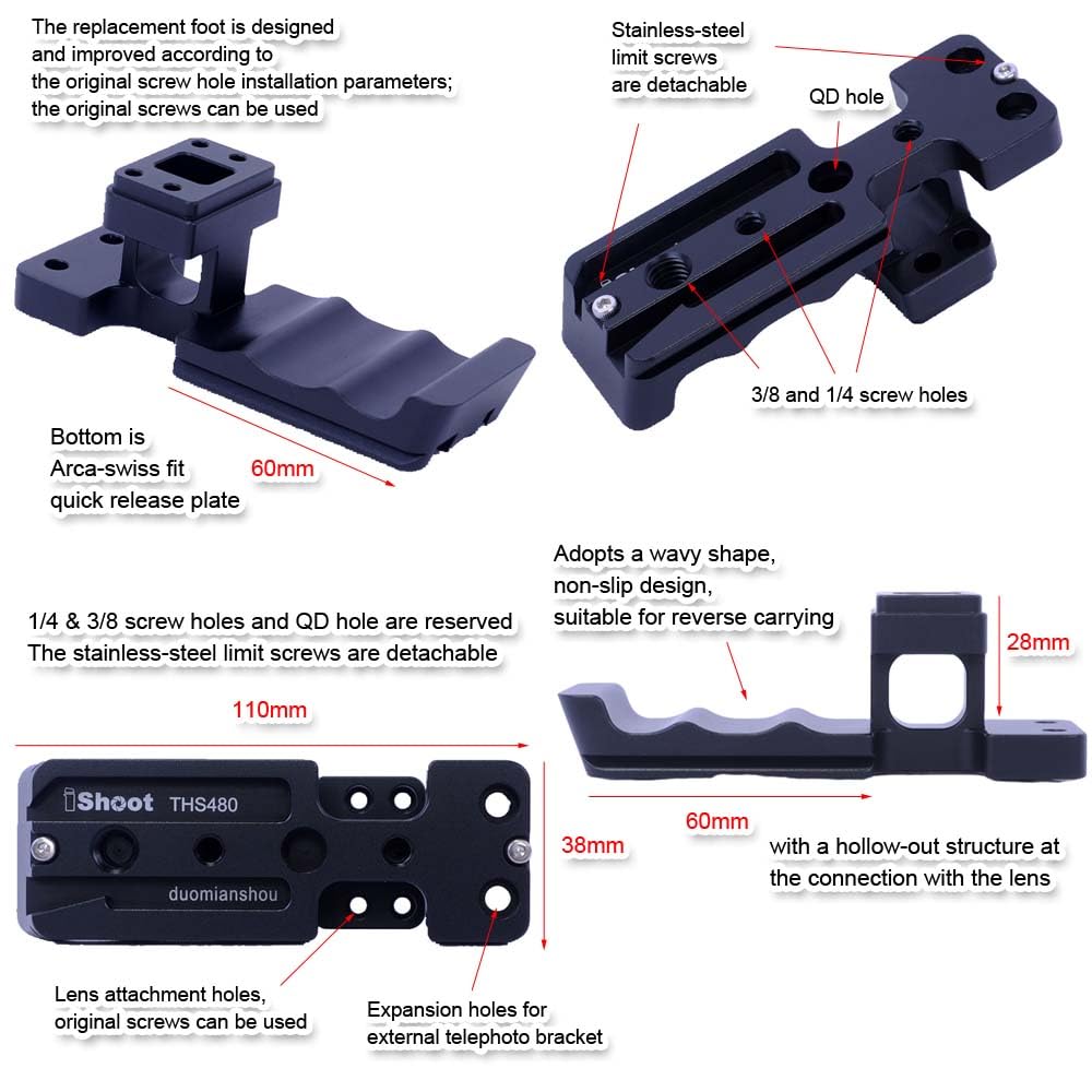 Replacement tripod mount for Sony FE G compatible with ball head and other camera 400-800mm f/6.3-8 lenses, ARCA-SWISS clamps, collars.