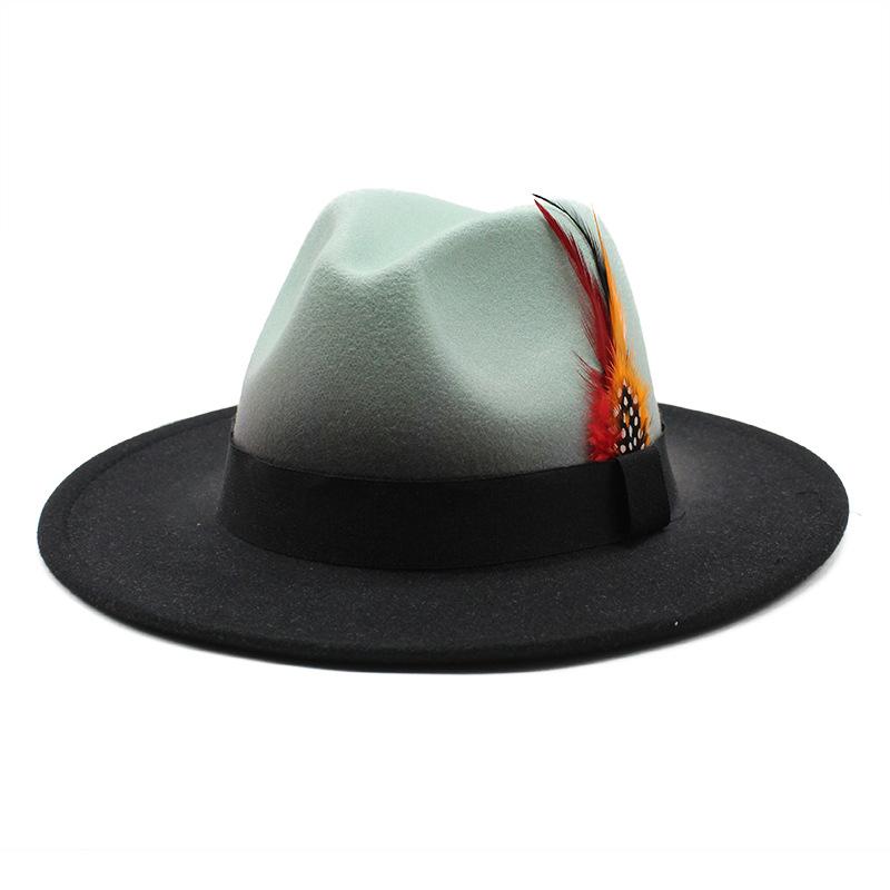 

Соответствие цветов, постепенное изменение цвета, перо, джазовая шляпа, женская шерстяная шляпа-цилиндр, мужская и женская шерстяная шляпа для отдыха на открытом воздухе M（56-58cm）