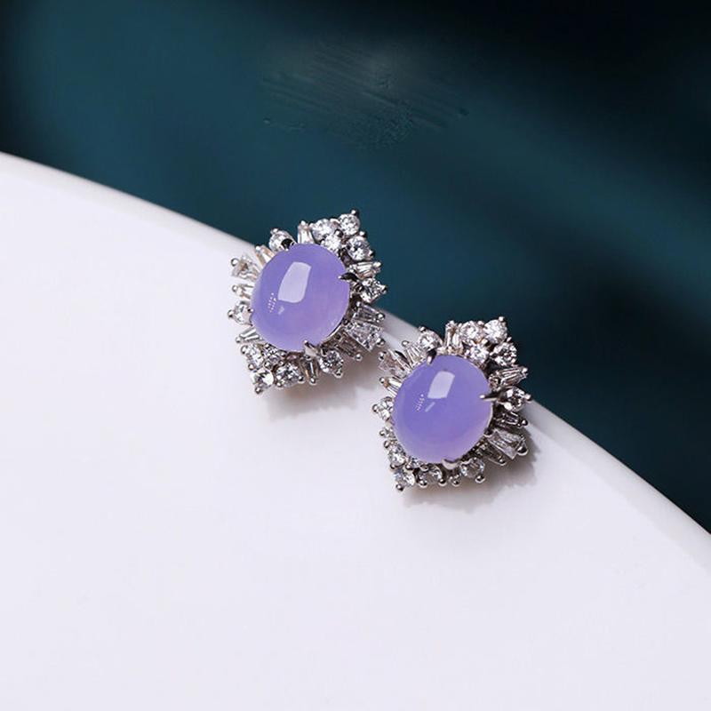 Inspiration Craft  Inlaid Crystal Natural Chalcedony Violet Geometric Stud Earrings Exquisite Charm Ladies Jewelry