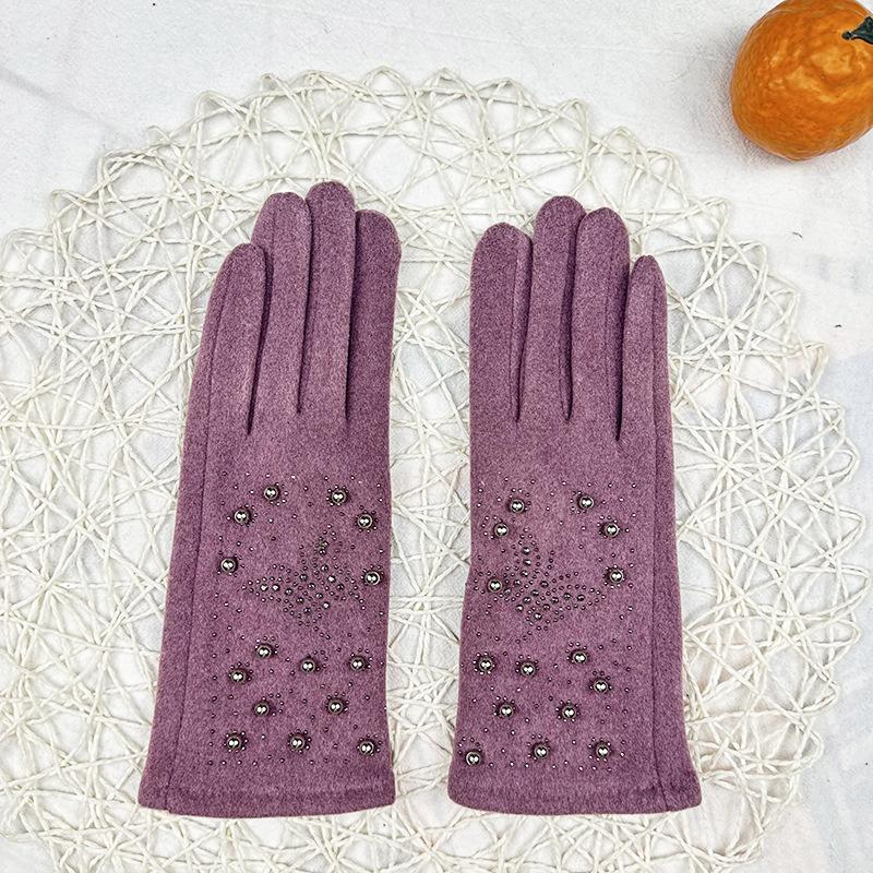 Fashion Women'S Imitation German Velvet Bright Diamond Pearl Gloves Thermal And Velvet Riding Gloves