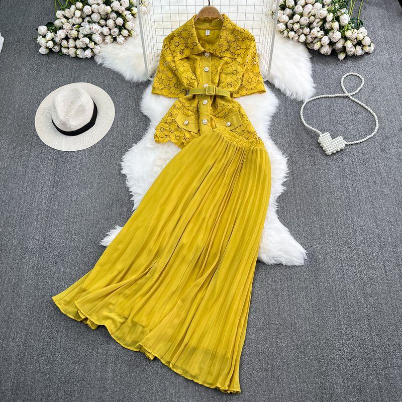 Single-Breasted Lace Pleated Skirt Fashion Suit