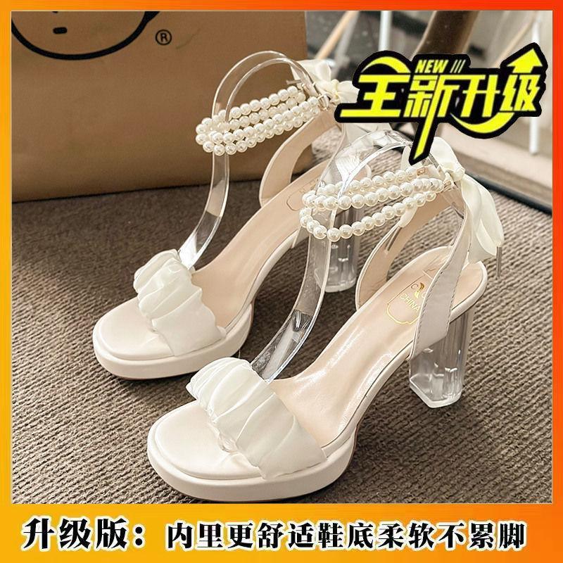 Летние жемчужные вечерние темпераментные французская девушка цепочка с юбкой женская обувь прозрачный каблук высокие каблуки женские ремешковые сандалии 42 2670₽