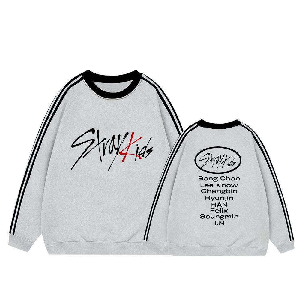 Stray Kids Fleece Lined Sweatshirt Striped Long Sleeve Crewneck Casual Pullover Kpop Fan Merchandise Winter Warm Oversized Grey Stylish Top