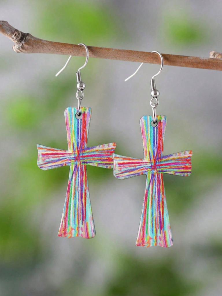 Fashionable Women's Flower Painting Cross Pendant Earrings with Wooden Hooks Hanging Earrings