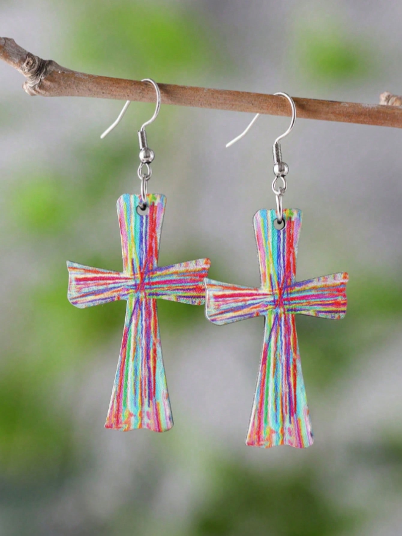 

Fashionable Women s Flower Painting Cross Pendant Earrings with Wooden Hooks Hanging Earrings